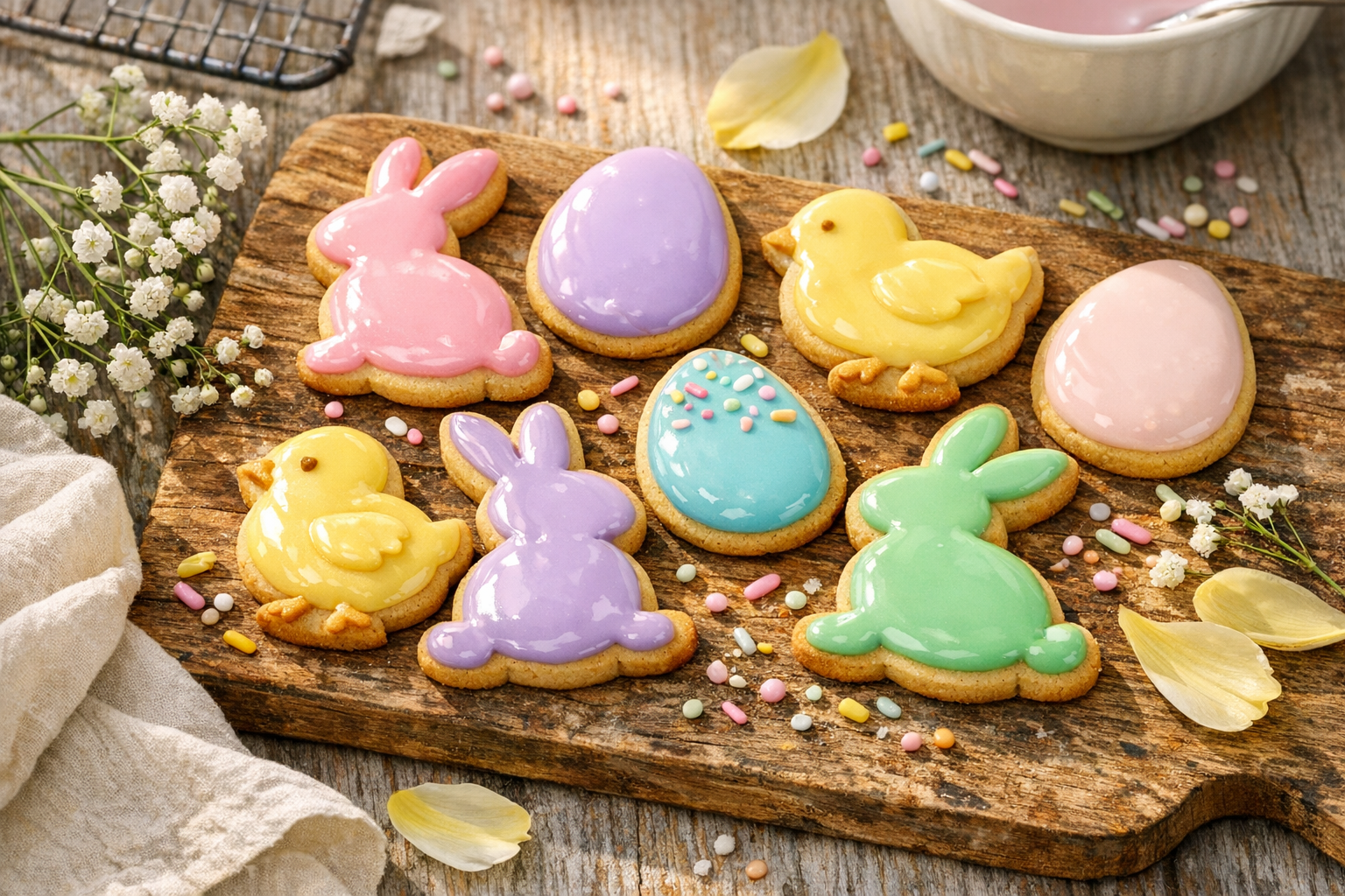 A close-up overhead shot of freshly decorated Easter cookies cooling on a rustic wooden board, featuring pastel-colored bunny, egg, and chick-shaped sugar cookies with smooth, glossy royal icing in soft pink, lavender, mint green, and baby blue. The cookies are arranged artfully with some still glistening with wet glaze while others show a perfectly set finish. Scattered around are delicate spring elements like fresh baby's breath flowers, pale yellow tulip petals, and a linen kitchen towel in cream. Natural morning light streams in from a nearby window, creating soft shadows and highlighting the shiny, smooth surface of the icing. A few pastel-colored sprinkles are casually scattered on the weathered wood surface, and in the soft-focus background, a ceramic mixing bowl and vintage wire cooling rack suggest the baking process just completed.