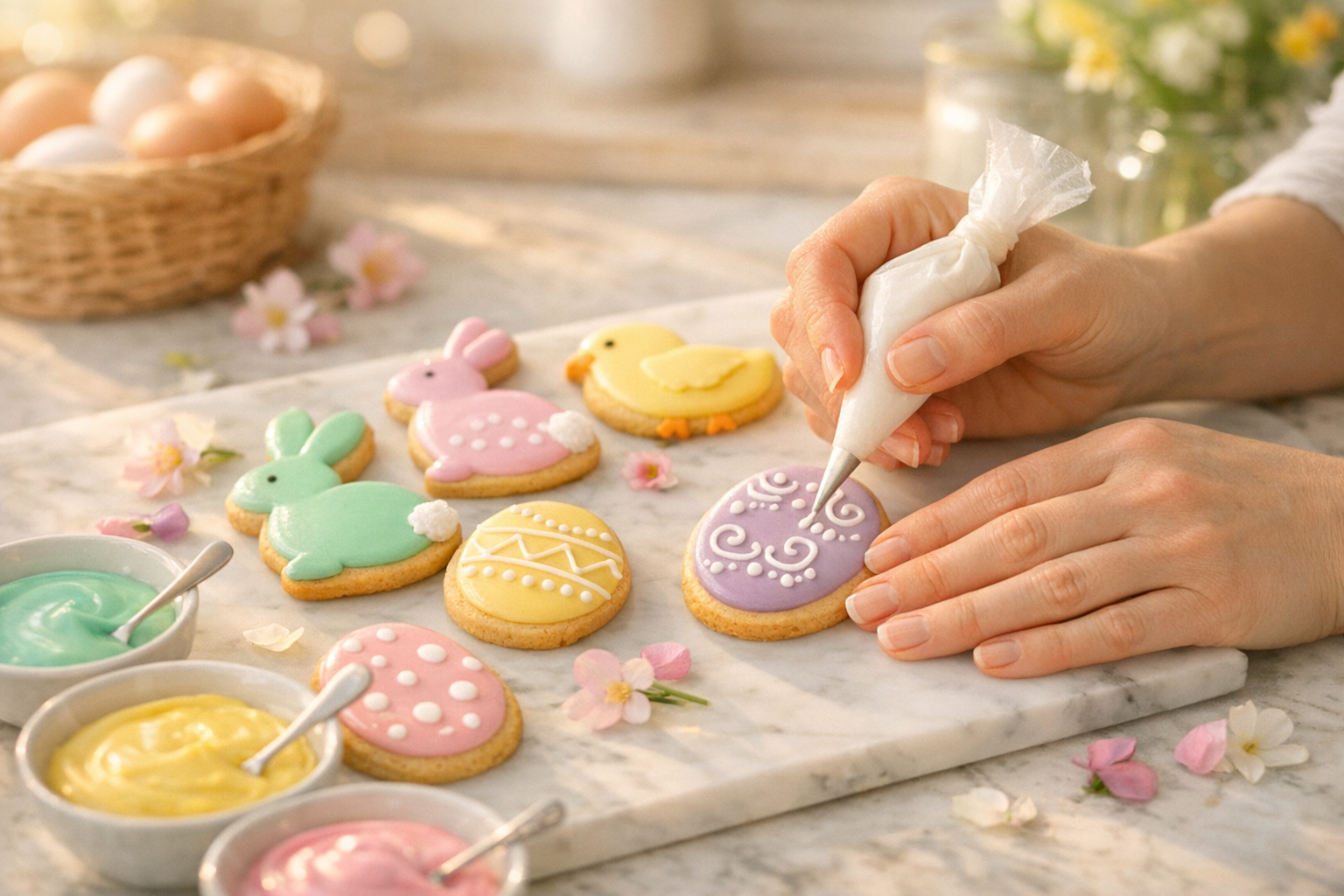A sun-drenched kitchen countertop scene captured from slightly above at a flattering angle, showcasing freshly baked Easter cookies in pastel shades of lavender, mint green, soft yellow, and baby pink, arranged artfully on a white marble surface. A skilled baker's hands with natural nails are mid-action, carefully piping smooth royal icing onto an egg-shaped cookie using a small piping bag, creating delicate floral swirls and dot patterns. Surrounding the scene are small bowls of colorful icing in Easter hues, a few scattered spring flower petals, and completed cookies displaying intricate designs including bunny silhouettes, Easter eggs with geometric patterns, and chick shapes. Warm golden natural light streams in from a nearby window, casting soft shadows and creating a cozy, inviting atmosphere. The composition feels effortlessly styled yet genuinely candid, with a slight bokeh effect blurring the background kitchen elements, giving the image that authentic lifestyle photography aesthetic popular on social media feeds.