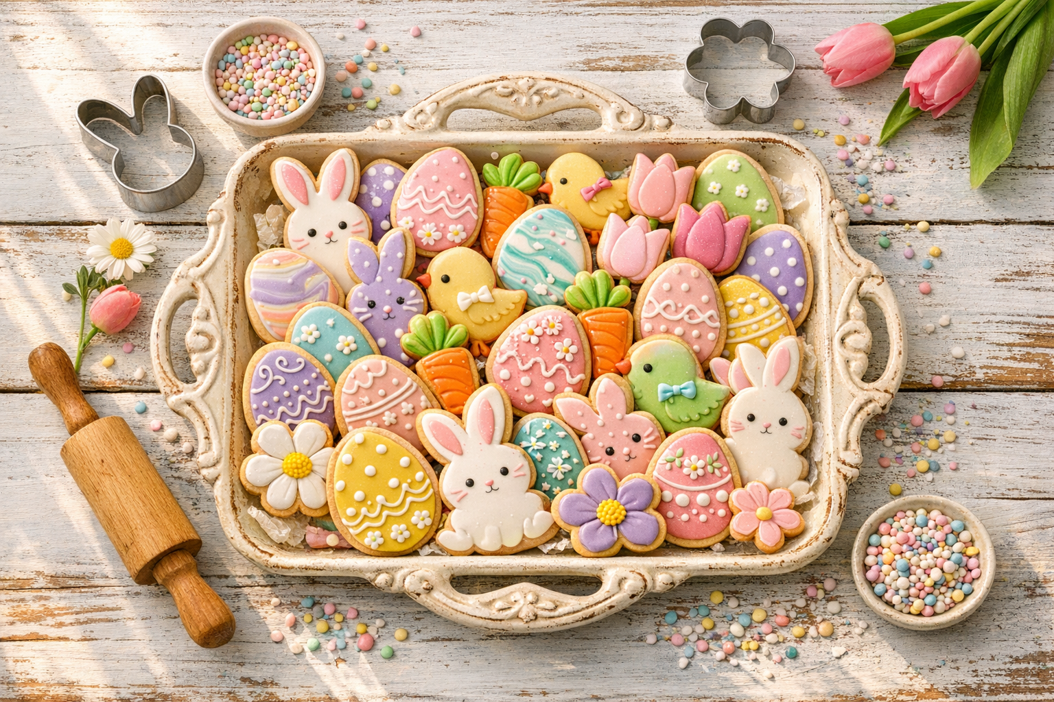 A beautifully styled flat lay photograph shot from directly above on a rustic white-washed wooden surface, bathed in soft natural window light streaming in from the left side. A large vintage-style ceramic baking tray is filled with an abundant, colorful assortment of freshly decorated Easter cookies in various shapes — bunnies, eggs, chicks, spring flowers, and carrots — each uniquely decorated with pastel-colored royal icing in soft lavender, mint green, baby pink, buttercup yellow, and sky blue. Some cookies are adorned with delicate hand-piped swirls and tiny sugar pearl accents, while others feature marbled icing effects. Scattered around the tray are loose pastel sprinkles, a few fresh spring flowers like daisies and tiny tulips, a small wooden rolling pin, and Easter-themed cookie cutters in shiny stainless steel. The warm, slightly golden ambient light creates gentle shadows that give the scene depth and dimension, while the overall composition feels casually abundant yet artfully arranged — the kind of authentic, lived-in baking moment perfect for a cozy Easter afternoon kitchen scene.