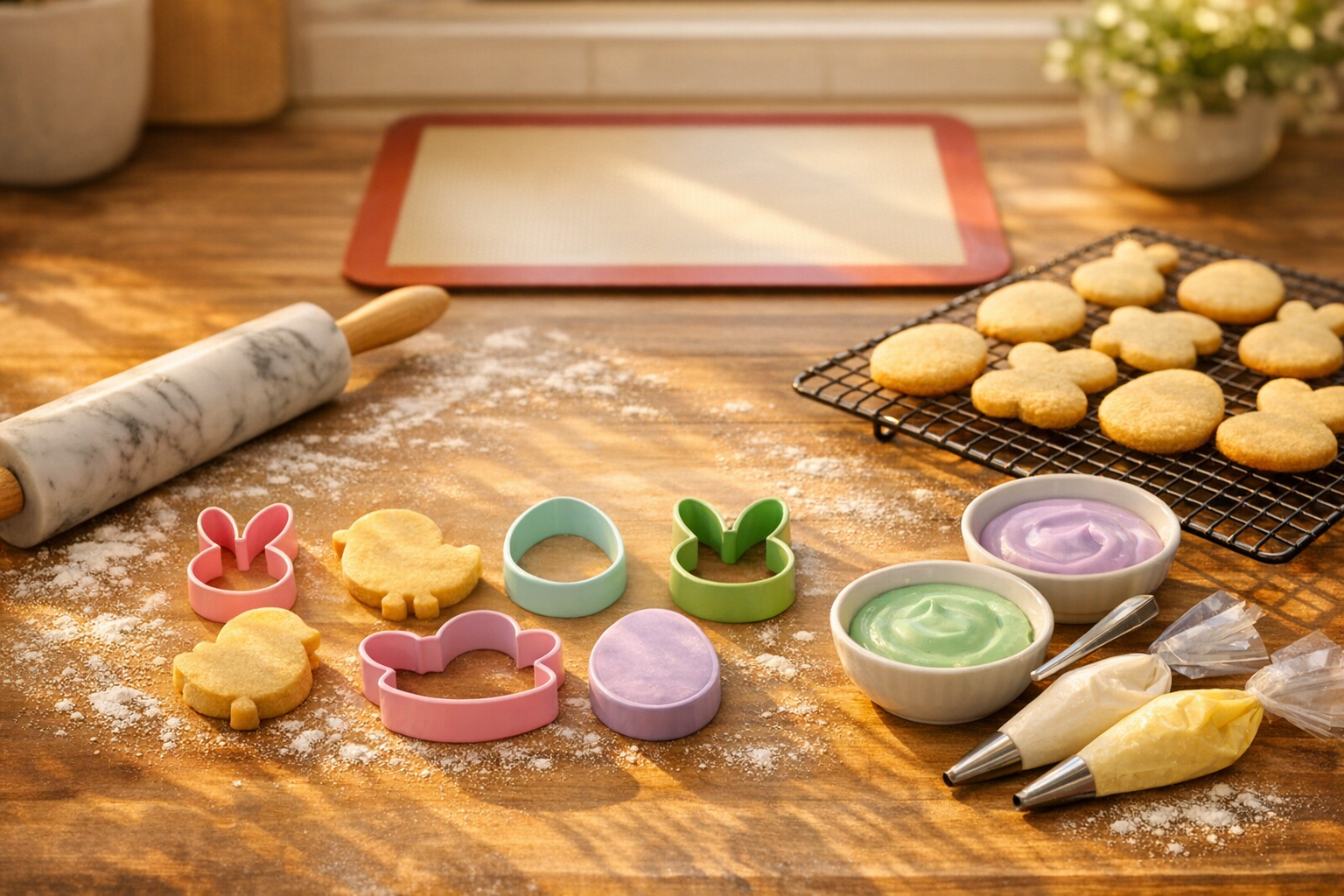 A sunlit kitchen countertop scene captured in warm golden afternoon light streaming through a nearby window, showcasing a perfectly arranged flat lay of Easter-themed cookie baking tools. A smooth marble rolling pin rests beside a collection of pastel-colored Easter cookie cutters in the shapes of bunnies, eggs, and chicks, all neatly spaced on a lightly floured wooden surface. A professional-grade baking mat lies flat and pristine in the background, while a wire cooling rack holds a uniform batch of freshly baked Easter sugar cookies in identical golden-brown perfection, each one evenly risen with smooth edges. Scattered around the scene are small bowls of pastel royal icing in soft lavender, mint green, and baby yellow, with a few decorating tools artfully placed nearby. The soft bokeh background reveals a cozy kitchen atmosphere with hints of spring greenery on a windowsill. Shot from a slightly elevated 45-degree angle with a shallow depth of field, giving the image that authentic food blogger aesthetic with warm, natural tones and a clean, inviting composition. Completely text-free, no labels, signs, or writing anywhere in the frame.