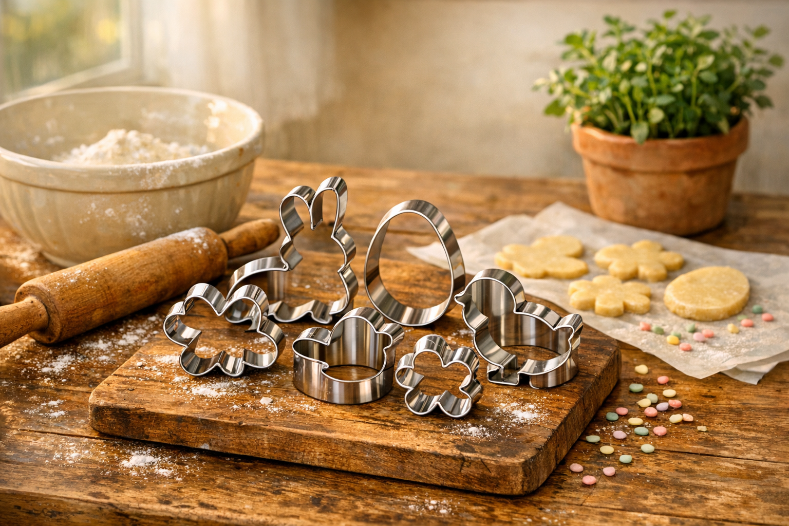 A sunlit kitchen countertop scene featuring a beautiful collection of heirloom-quality stainless steel Easter cookie cutters arranged artfully on a weathered wooden cutting board, their polished surfaces gleaming in warm golden afternoon light streaming through a nearby window. Delicate bunny, egg, chick, and flower shapes glisten with a timeless craftsmanship feel, nestled beside a vintage ceramic mixing bowl dusted with fine flour and a worn rolling pin with smooth wooden handles showing years of loving use. Scattered pastel-colored sprinkles and a few unbaked cookie dough cutouts rest nearby on parchment paper, while a small terracotta pot of fresh spring herbs adds soft green life to the corner of the frame. The shallow depth of field creates a dreamy bokeh background of soft cream and sage tones, capturing the nostalgic warmth of generational baking traditions passed down through family kitchens. Shot from a slightly elevated 45-degree angle with natural diffused window light casting gentle shadows, giving the scene an authentic, lived-in, heartfelt social media aesthetic.