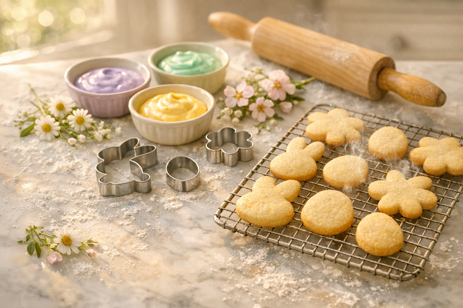 A sun-drenched kitchen countertop bathed in soft golden morning light streaming through a nearby window, showcasing an artfully arranged flat lay of Easter cookie baking supplies — pastel-colored royal icing in soft lavender, mint green, and buttery yellow nestled in small ceramic bowls, delicate flower-shaped and bunny-shaped cookie cutters scattered naturally across a lightly floured marble surface, a rolling pin resting casually to one side, and freshly baked sugar cookies cooling on a wire rack with a gentle steam rising. Sprigs of fresh spring flowers — tiny white daisies and pale pink cherry blossoms — are tucked organically between the baking tools, adding a seasonal botanical touch. The overall mood is warm, airy, and inviting, shot from a slightly elevated angle with shallow depth of field, the background softly blurred into creamy bokeh, capturing that effortlessly beautiful, authentic home-baker aesthetic popular on social media. Natural window light casts gentle shadows across the scene, highlighting the textures of the marble, the shimmer of the icing, and the rustic warmth of wooden utensils — completely free of any text, labels, or written elements.