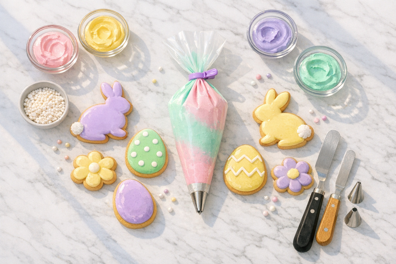 A beautifully lit flat lay on a clean white marble countertop, captured from directly overhead in bright natural daylight streaming through a nearby window. A pastel-colored piping bag filled with smooth royal icing sits perfectly upright, its tip neatly twisted and clipped closed to prevent any drips or spills. Surrounding it are delicate Easter-themed sugar cookies in soft lavender, mint green, and buttery yellow tones, shaped like eggs, bunnies, and spring flowers. Small glass bowls hold vibrant gel food colorings in Easter pastels, and a few decorating tools — offset spatulas and piping tips — are artfully arranged nearby. The overall aesthetic is clean, airy, and Pinterest-perfect, with soft shadows and a warm, inviting glow that makes the scene feel effortlessly styled yet genuinely lived-in.