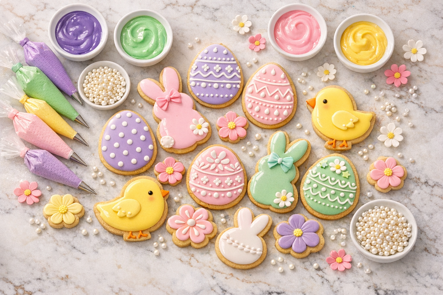A beautifully arranged flat lay on a rustic white marble countertop featuring an assortment of freshly decorated Easter sugar cookies in soft pastel shades of lavender, mint green, baby pink, and buttery yellow. The cookies are shaped like Easter eggs, bunnies, chicks, and spring flowers, each one flawlessly decorated with smooth royal icing in intricate patterns — delicate dots, swirls, and geometric designs piped with precision. Scattered artfully around the cookies are small bowls of vibrant gel food coloring, fine-tipped piping bags, edible pearl sprinkles catching the light, and a few scattered sugar flowers. Warm, diffused natural light streams in softly from a nearby window, casting gentle shadows and highlighting the glossy sheen of the perfectly set icing. The overall aesthetic is clean, bright, and airy with a professional yet cozy home-baking atmosphere, shot from directly overhead in a classic flat lay composition with a shallow depth of field adding warmth to the edges of the frame.