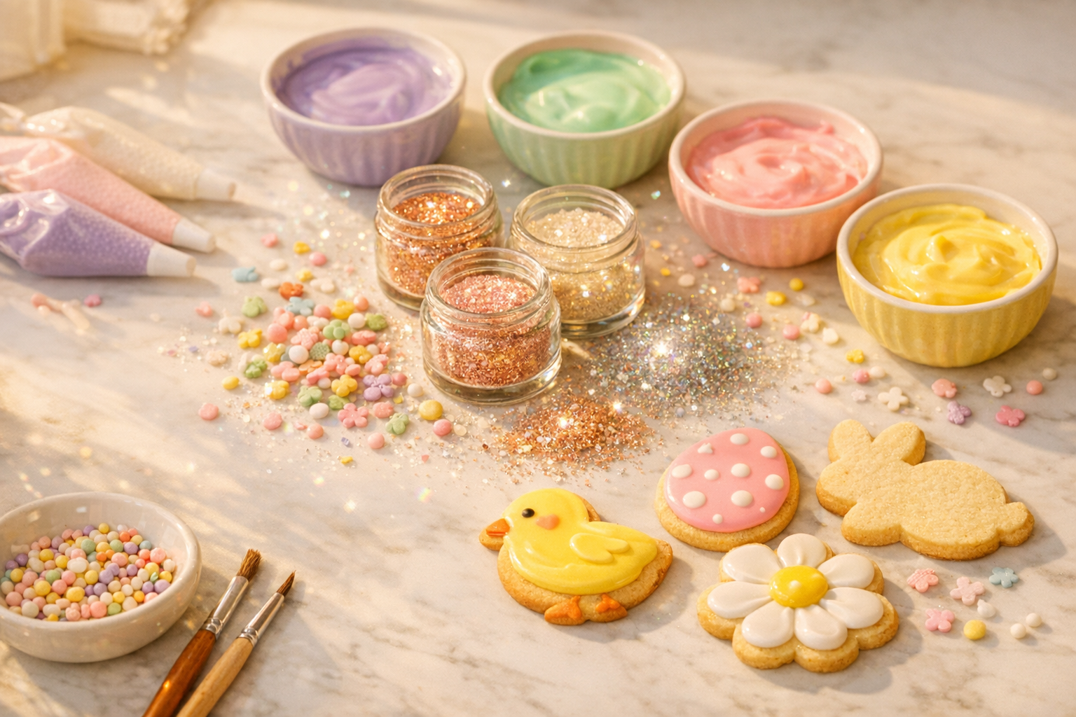 A sun-drenched kitchen countertop scene captured in warm golden afternoon light, featuring an artfully arranged flat lay of Easter cookie decorating supplies spread across a clean white marble surface. Scattered pastel-colored royal icing in soft lavender, mint green, blush pink, and buttery yellow fills small ceramic bowls. Tiny glass jars overflow with iridescent edible glitter and pearl dust in shimmering rose gold, champagne, and holographic silver tones, catching the natural light and casting tiny rainbow reflections. Delicate pastel-hued sugar sprinkles in bunny, egg, and flower shapes are loosely scattered around the composition. A few freshly baked Easter sugar cookies in the shapes of eggs, chicks, and spring flowers rest nearby, some already decorated with smooth glossy icing. Soft natural window light streams in from the left, creating gentle shadows and highlighting the sparkle of the edible glitters. The overall mood is bright, airy, and inviting, with a slightly warm filter and shallow depth of field blurring the background softly — the kind of effortlessly beautiful baking flat lay that feels both aspirational and authentically homemade.