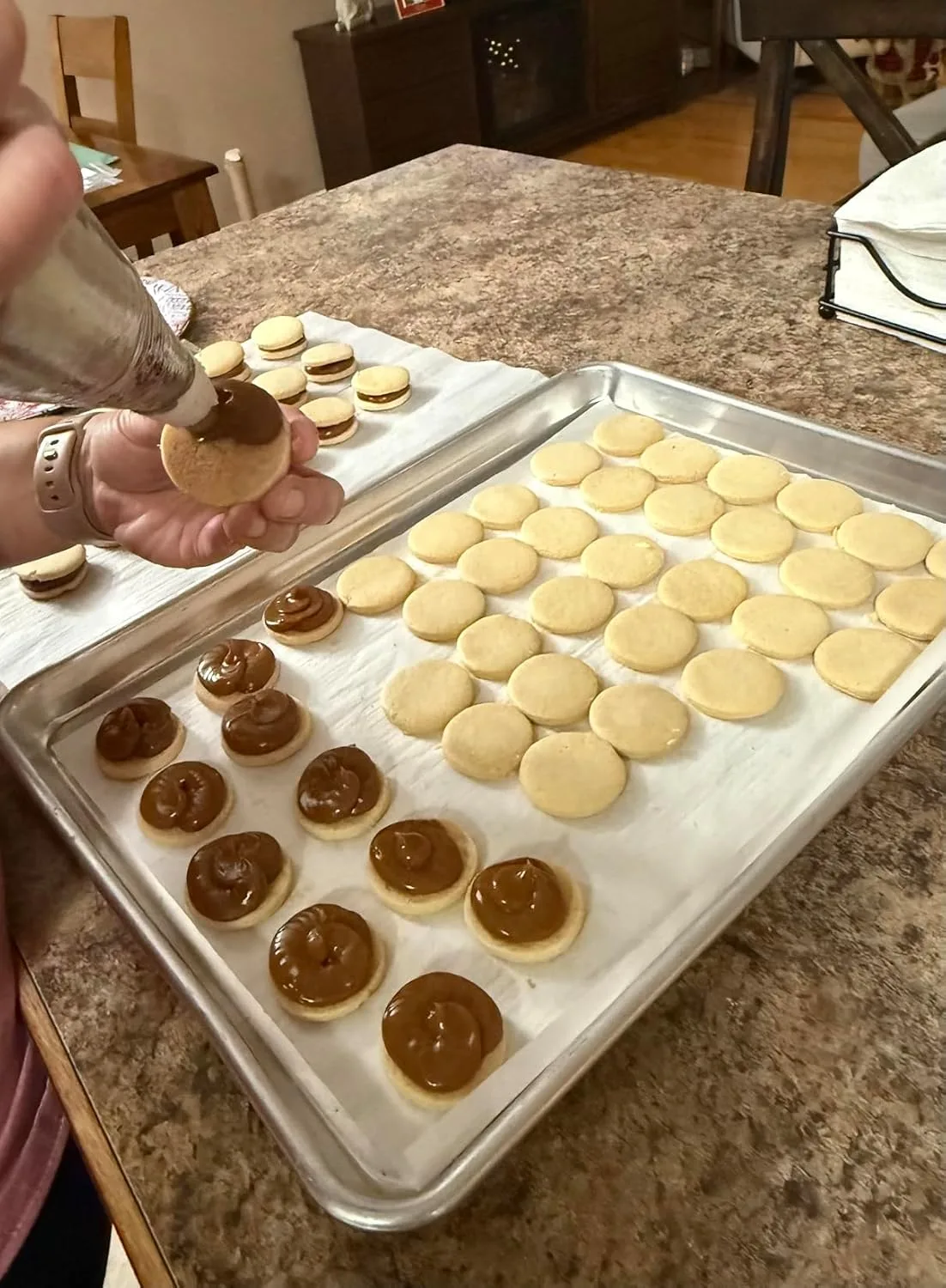 Customer photo of caramel-filled shortbread cookies stacked and displayed on a plate