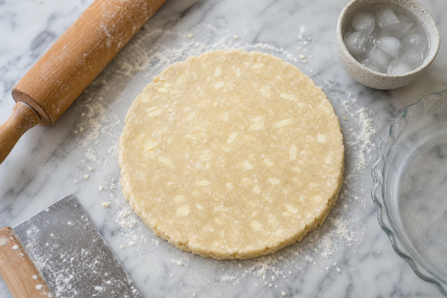 Rolled all-butter pie dough streaked with butter on a floured marble counter beside a rolling pin and pie plate
