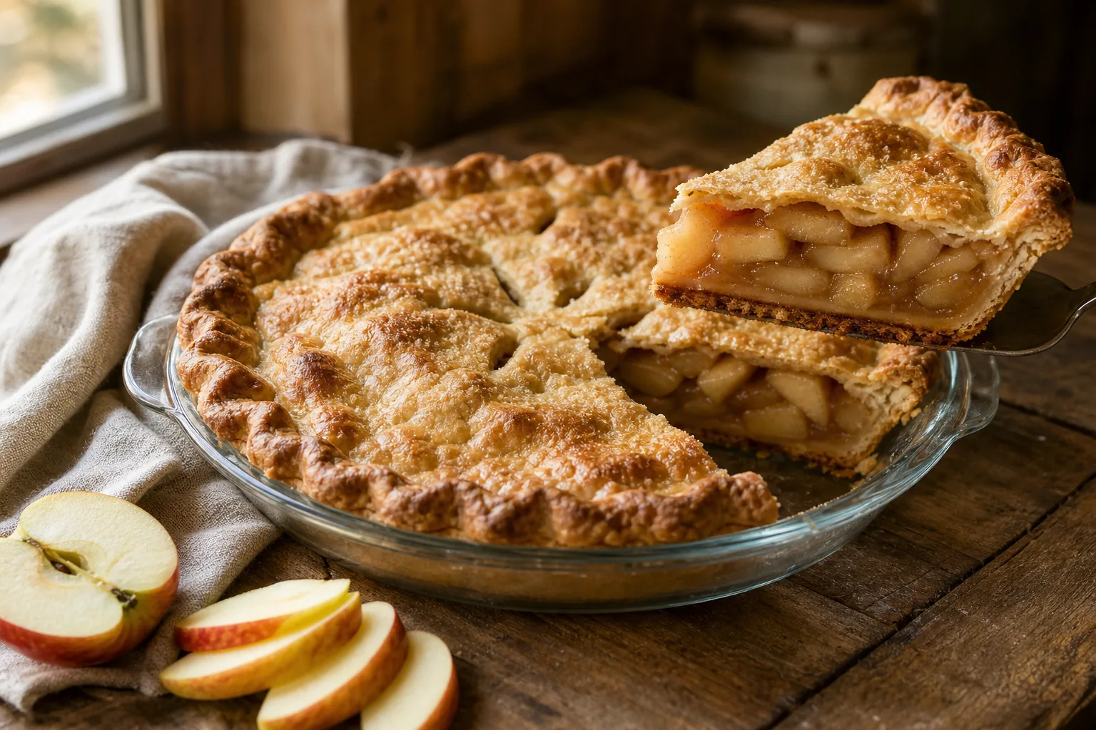 Slice of fruit pie lifted from a glass dish showing a crisp, golden-brown bottom crust and set filling