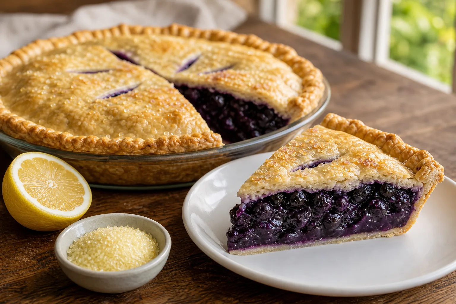Slice of blueberry lemon pie with a firm purple filling, next to a halved lemon and the rest of the pie