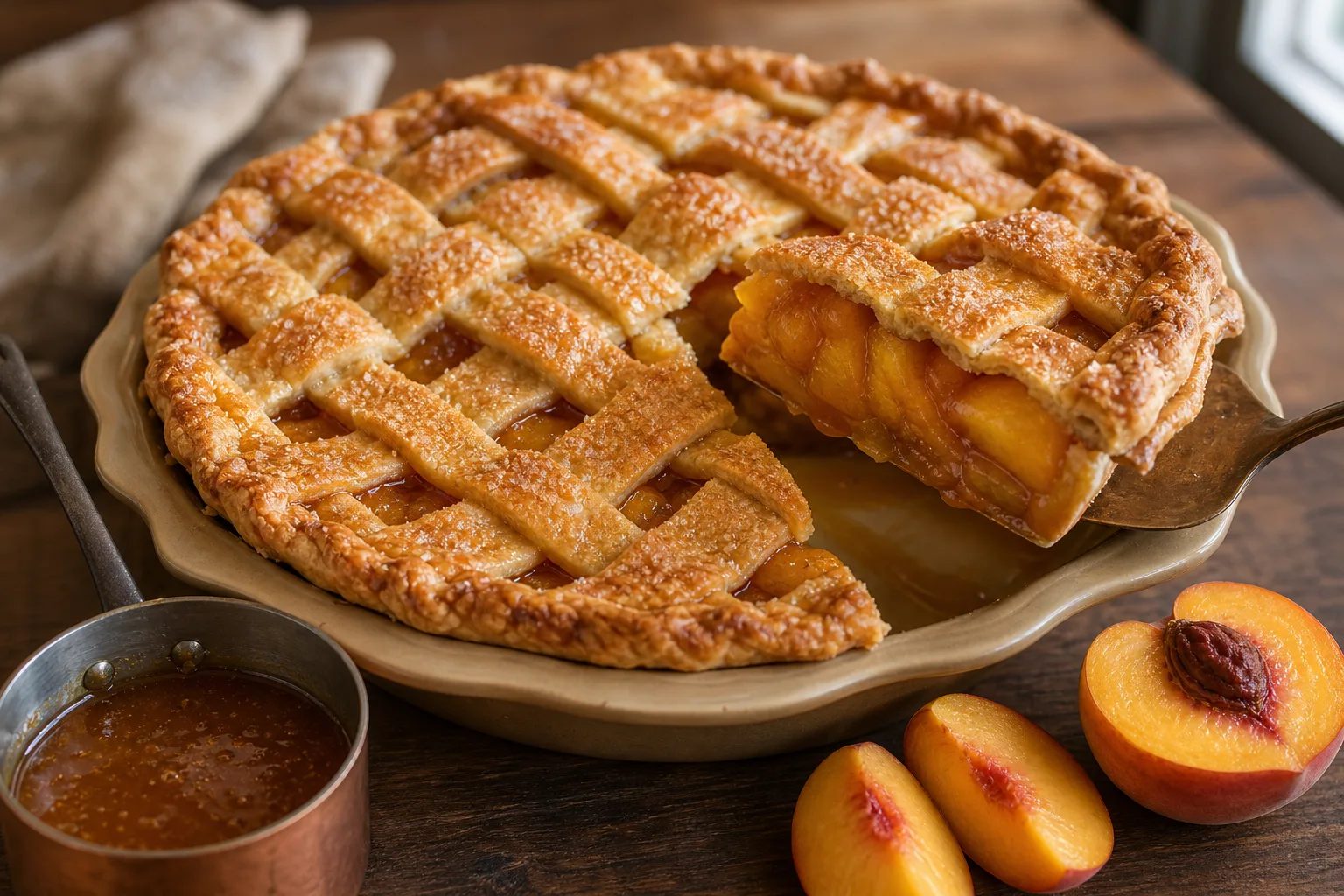 Sliced bourbon peach pie with a lattice top and thick amber filling on a dark wooden table