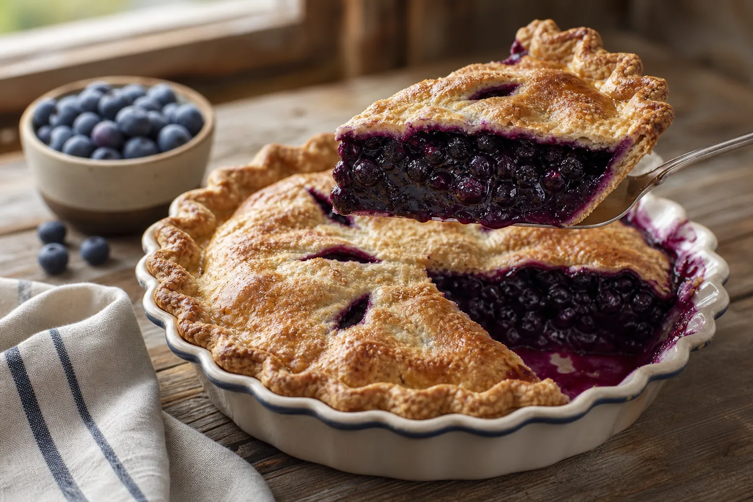 Blueberry pie with one slice removed showing thick, glossy purple filling that holds its shape