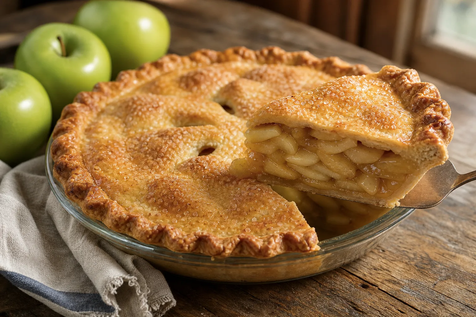 Sliced double-crust apple pie with dense apple filling reaching the golden top crust, on a wooden table