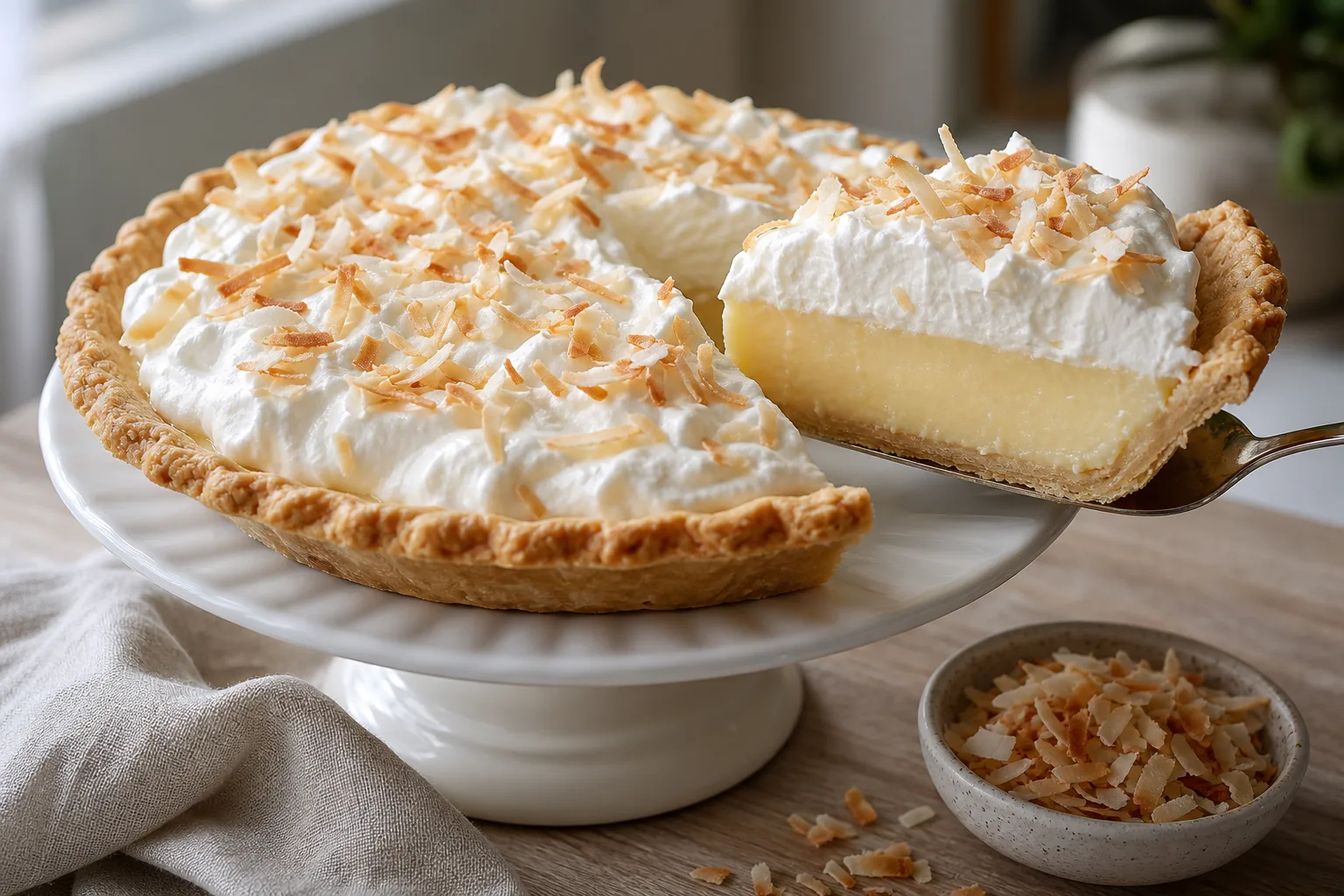 Sliced coconut cream pie with firm pastry cream, whipped topping and toasted coconut on a white cake stand