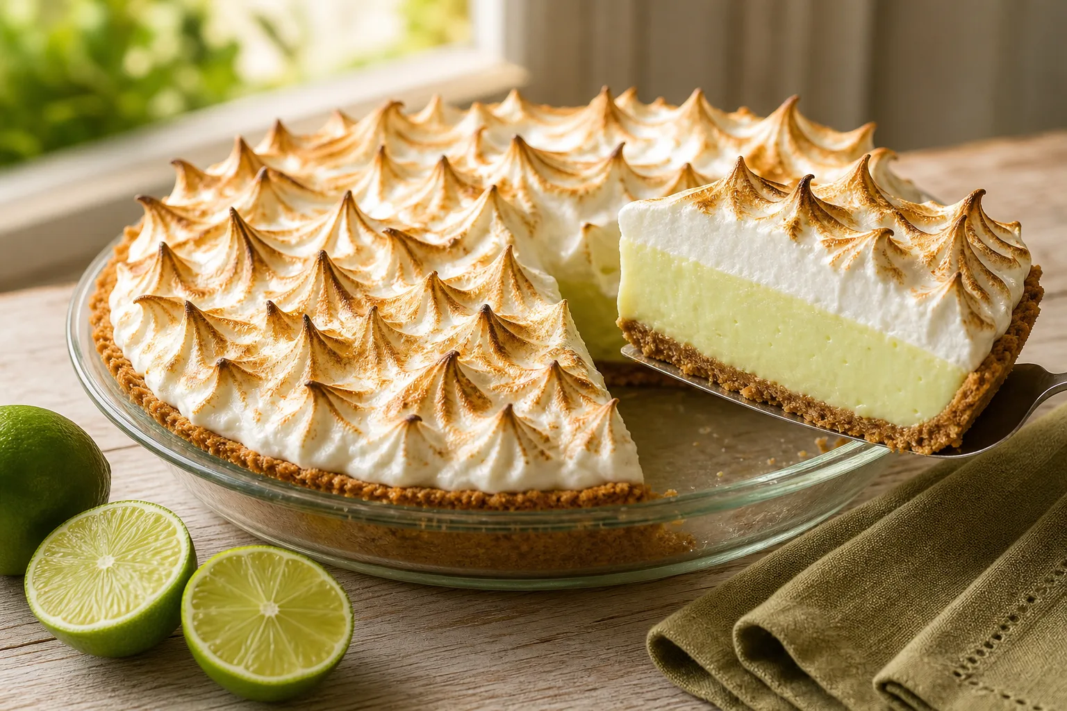 Slice of key lime pie with toasted Swiss meringue peaks on a graham crust, on a white plate