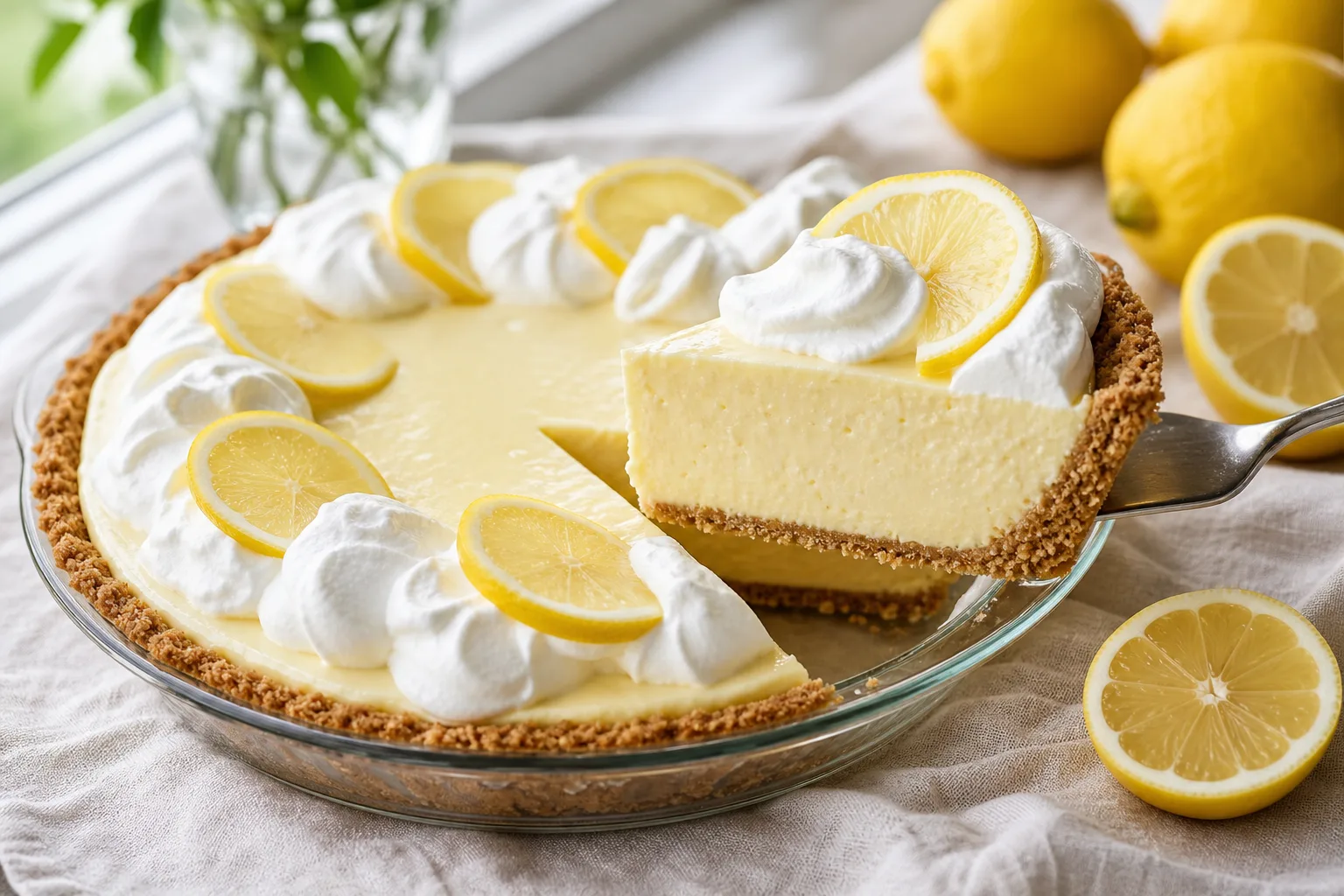 Lemon icebox pie with a slice lifted out showing the set pale yellow filling and graham crust, whipped cream on top