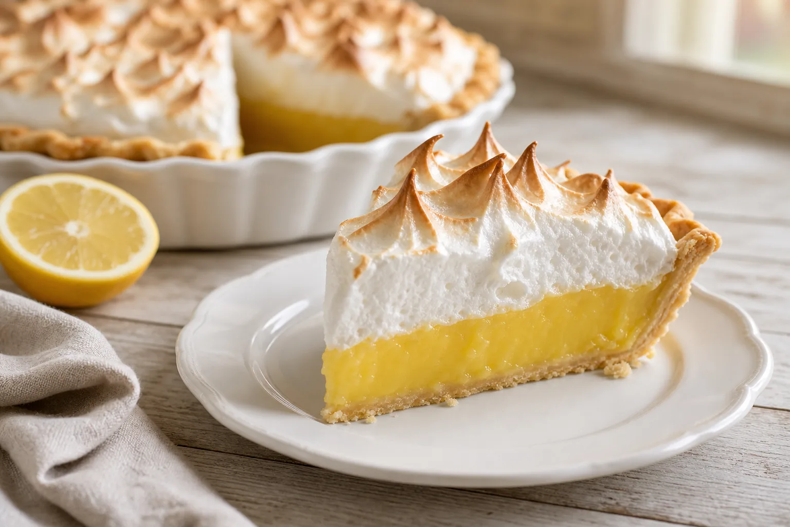 Slice of lemon meringue pie with golden-tipped meringue peaks and a firm yellow lemon filling on a white plate