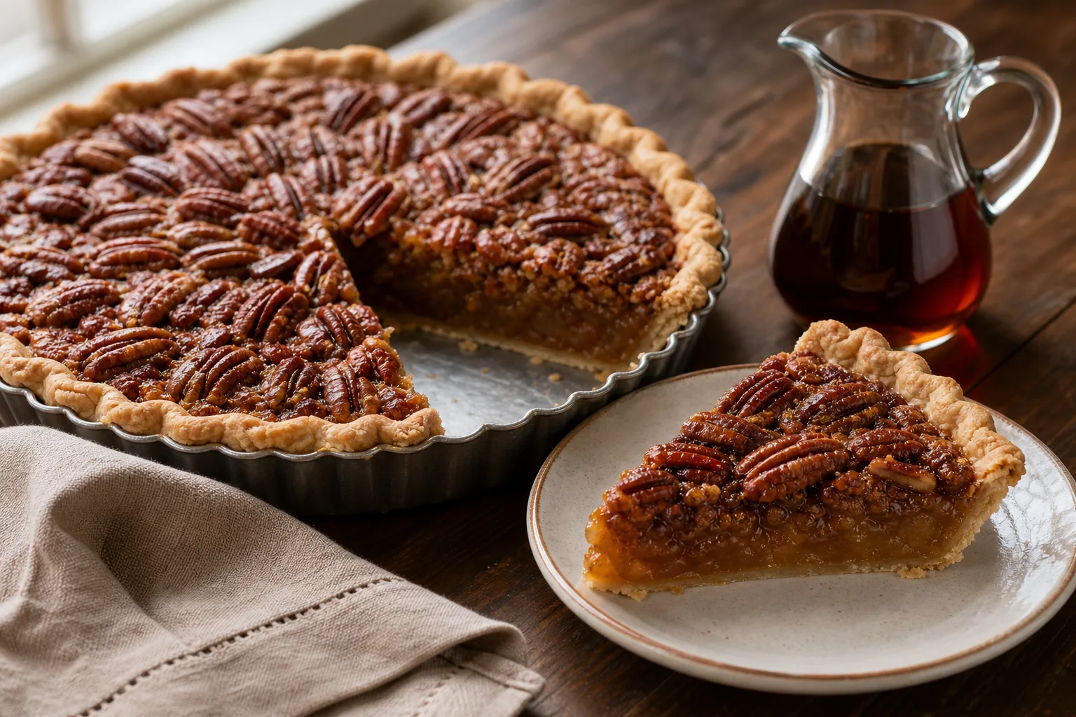 Slice of maple pecan pie with a set amber filling and toasted pecans on a white plate