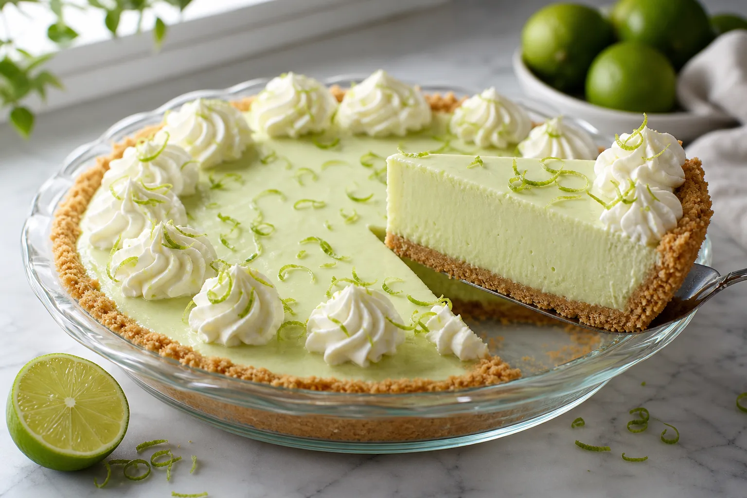 Sliced no-bake Key lime pie with a firm pale green filling and graham crust, lime zest on top