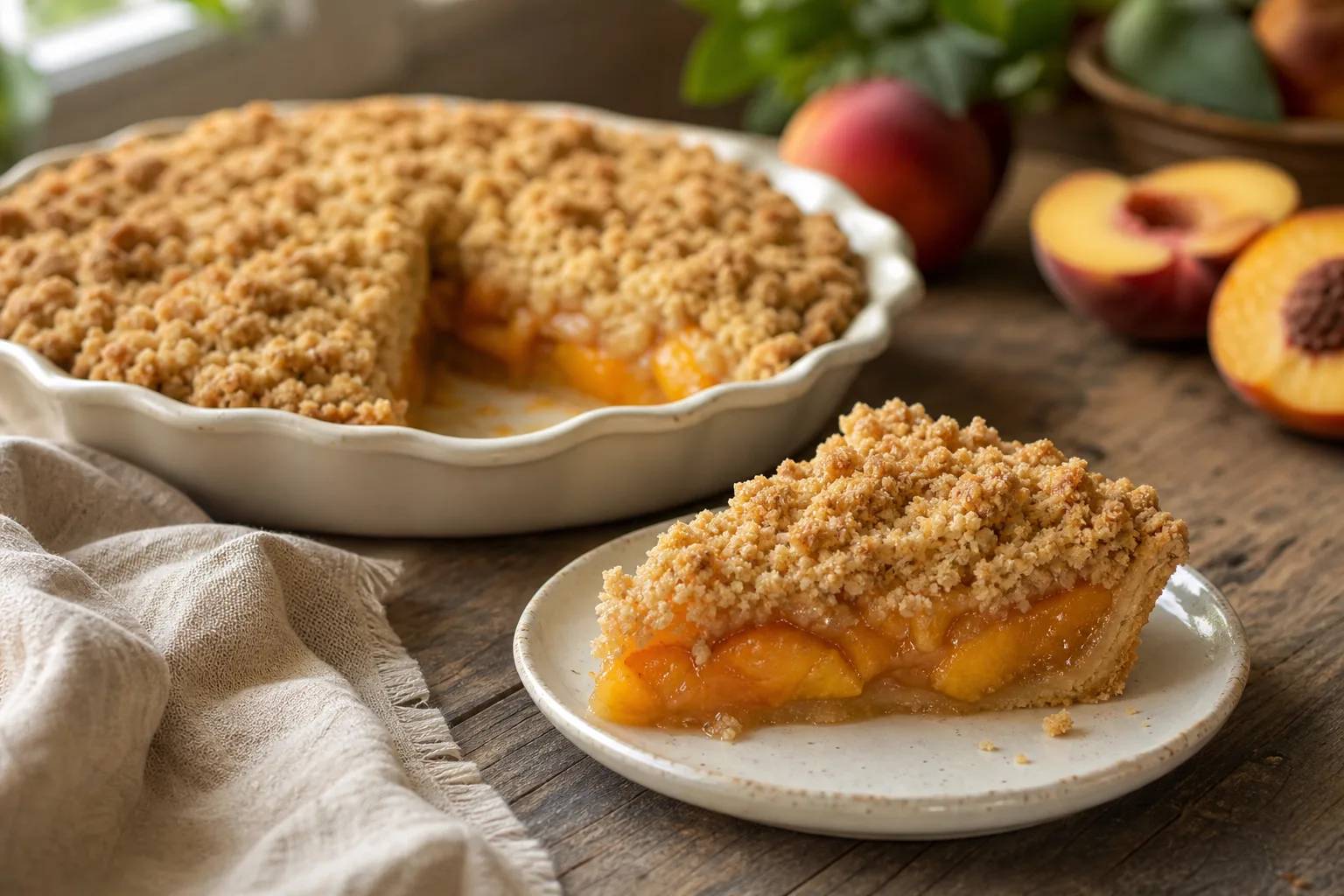 Sliced peach crumb pie showing a thick golden crumb topping over set amber peach filling on a plate
