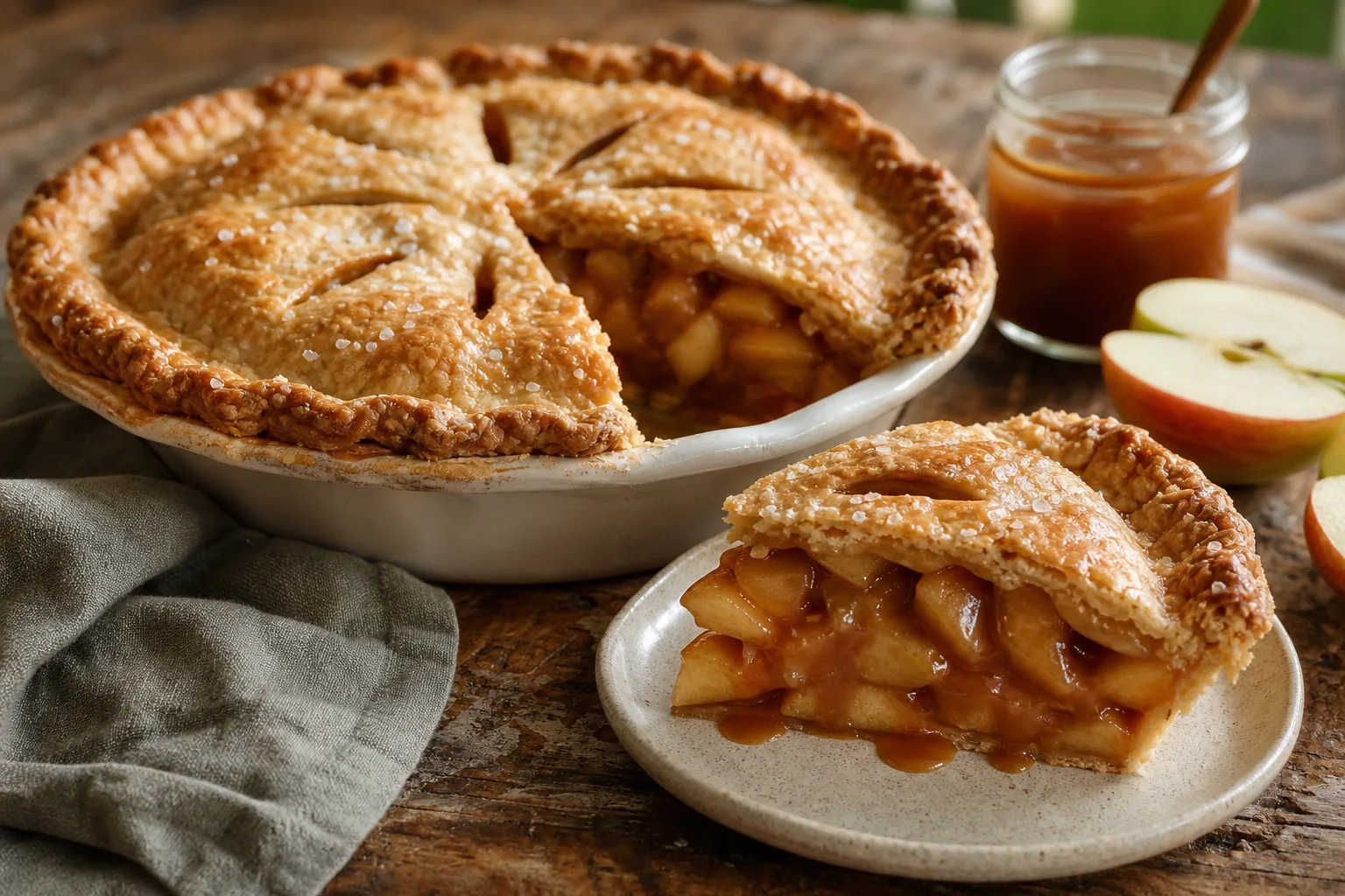 Slice of salted caramel apple pie on a plate, thick caramel apple filling holding its shape, golden double crust behind