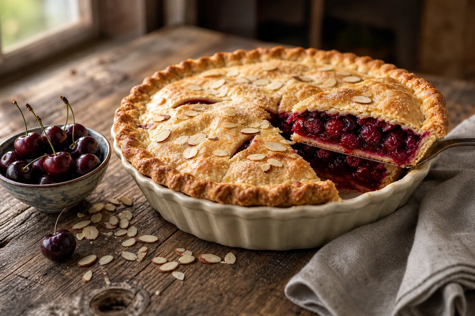 Sliced sweet cherry pie with deep red filling holding its shape, beside a bowl of fresh cherries and sliced almonds